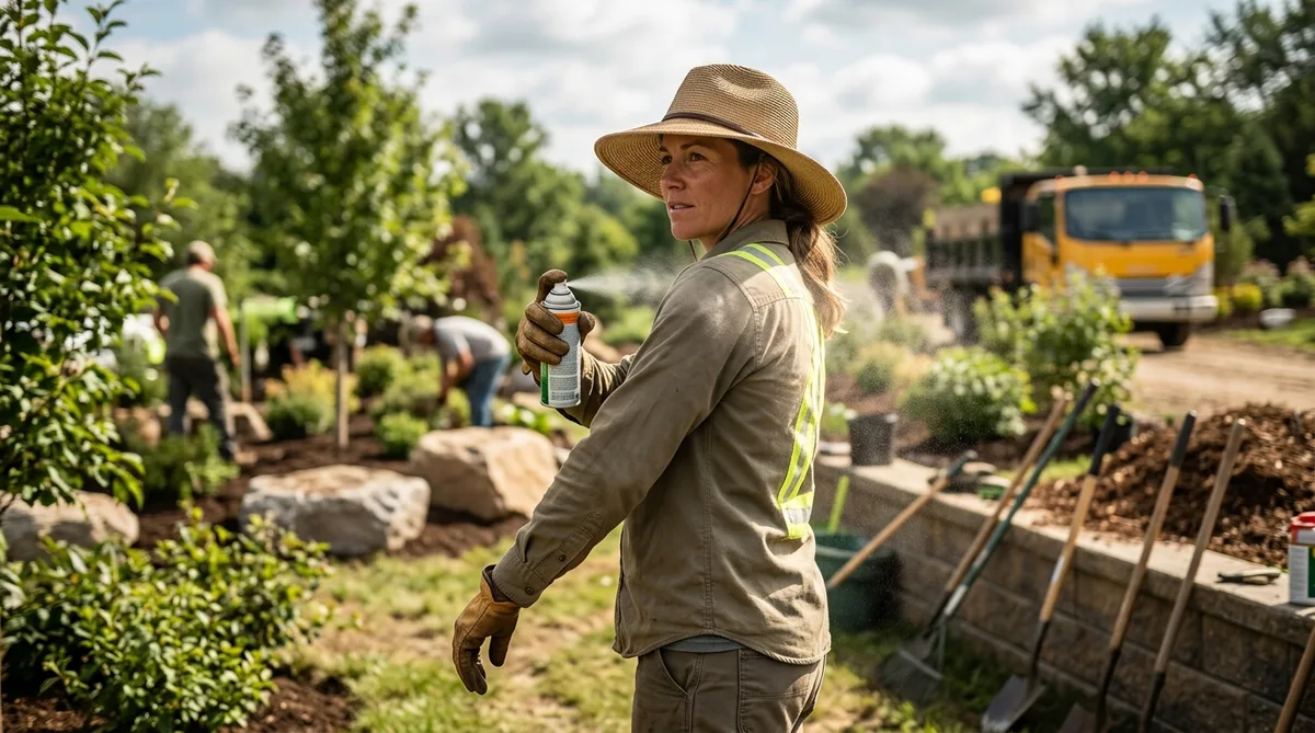 Landscaping worker spraying insect repellent on clothing at a worksite