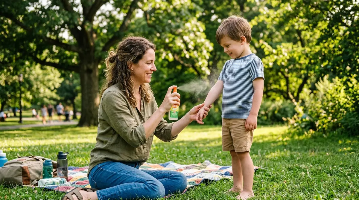 Parent carefully applying insect repellent to a young child's arm in a park
