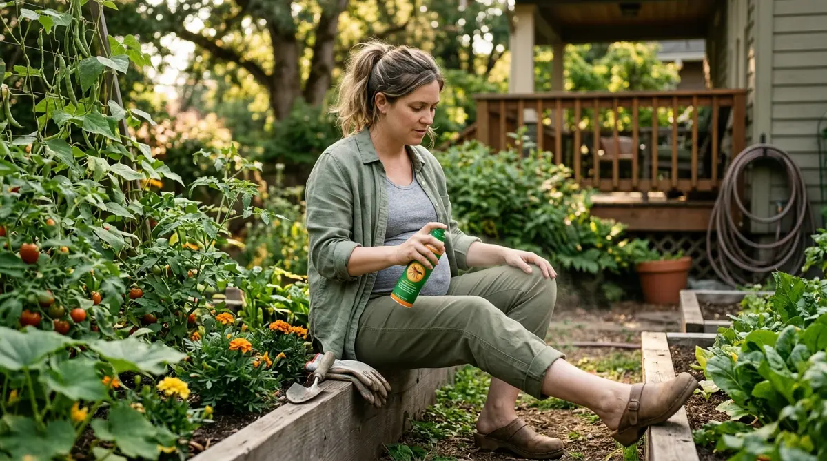 Pregnant woman applying insect repellent while gardening in a backyard
