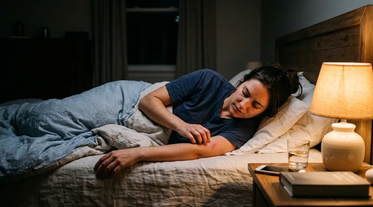 Person scratching an itchy bug bite on the forearm in bed at night