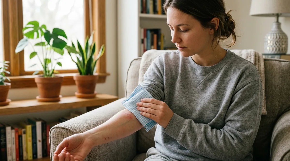 Applying a cold compress wrapped in cloth to a bite mark on an arm at home