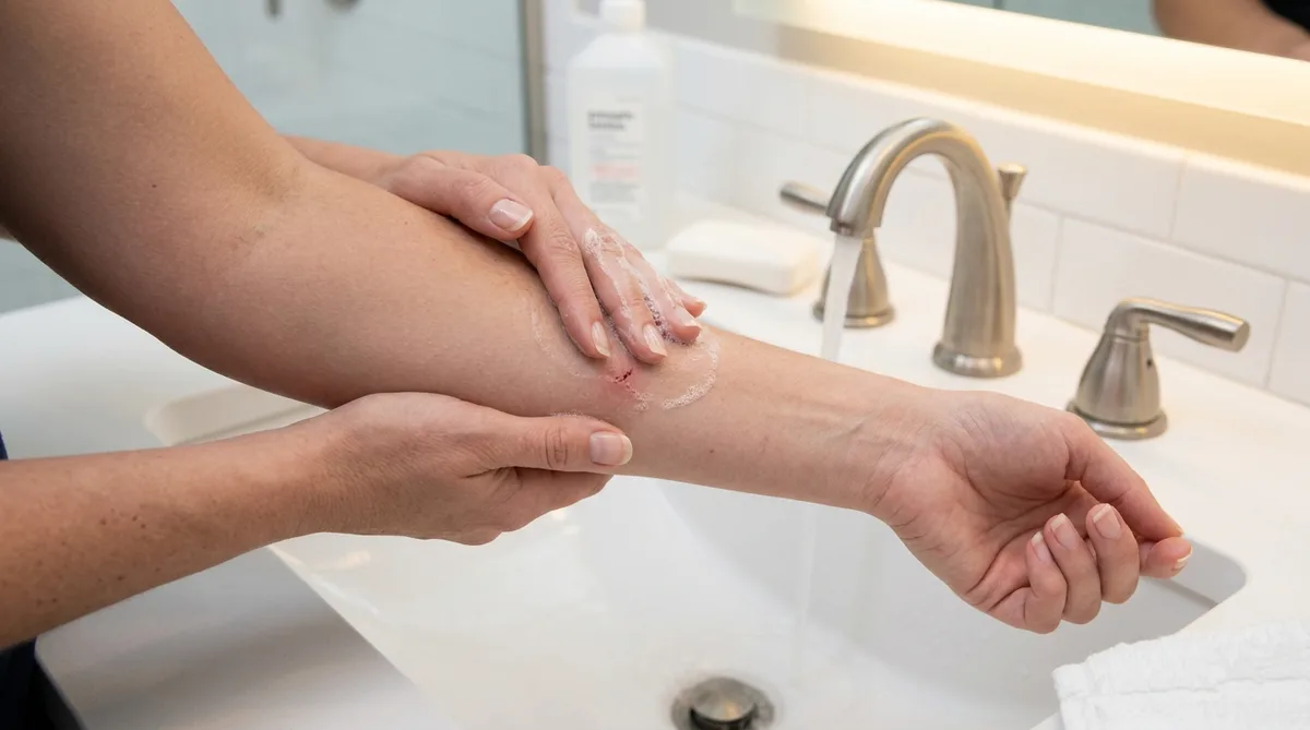 Washing a spider bite on a forearm with soap and running water as first aid