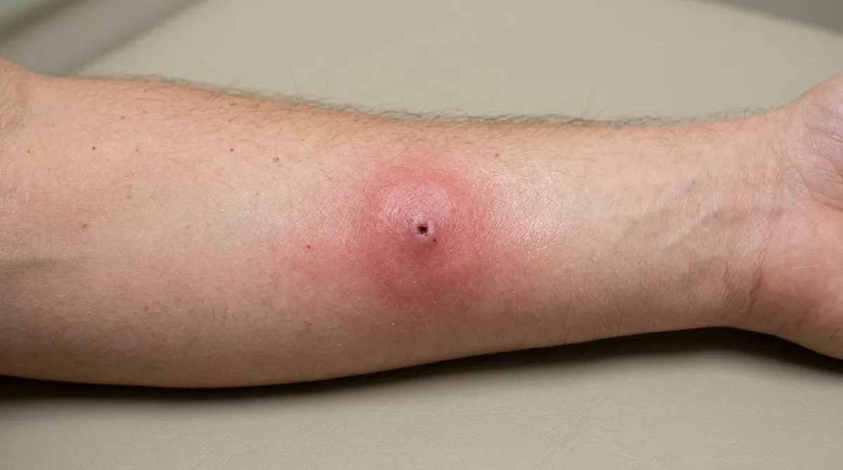 Close-up of a swollen red bug bite on a forearm showing inflammation