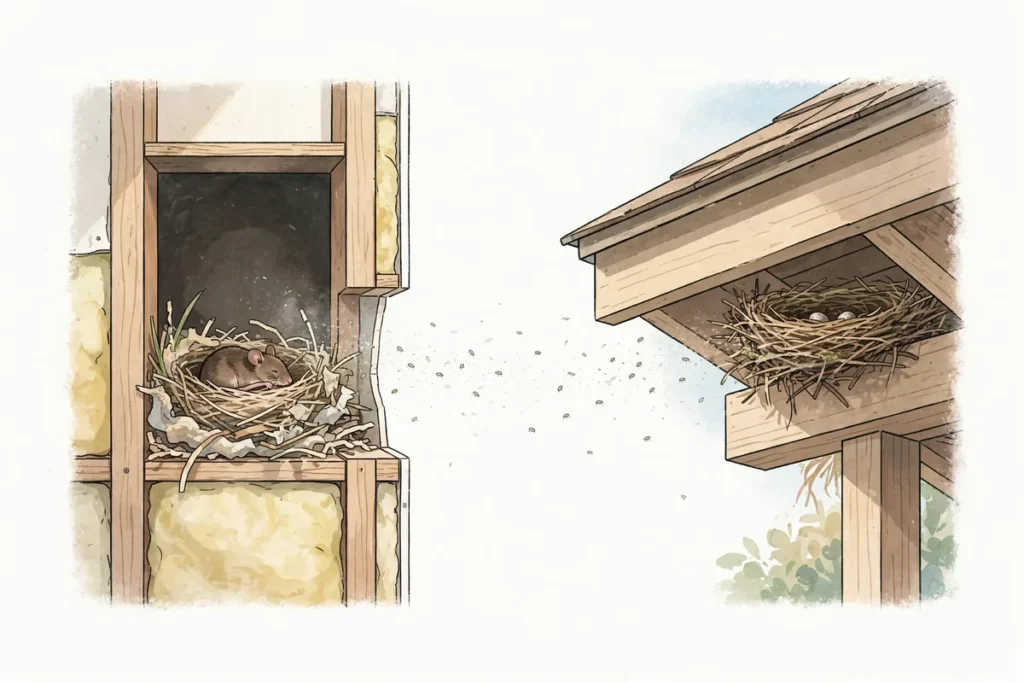 Illustration comparing tropical rat mites and bird mites for bite-identification guidance.