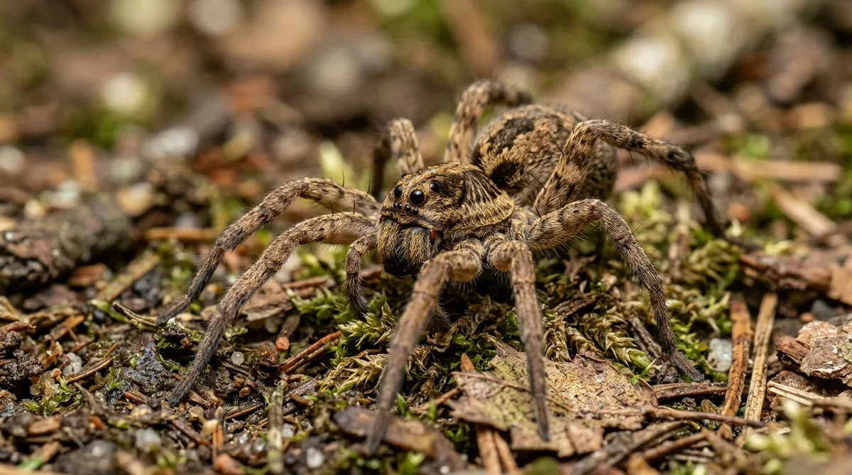 Close-up of a wolf spider on forest ground showing its distinctive eye arrangement and hairy brown body