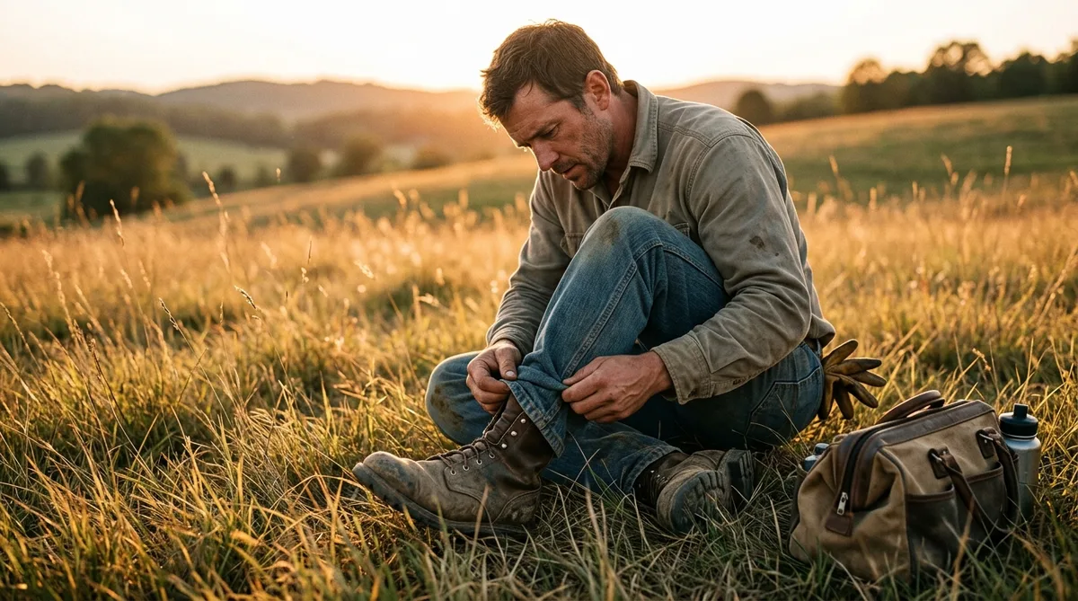 Outdoor worker doing a tick check on pant legs at the end of a shift