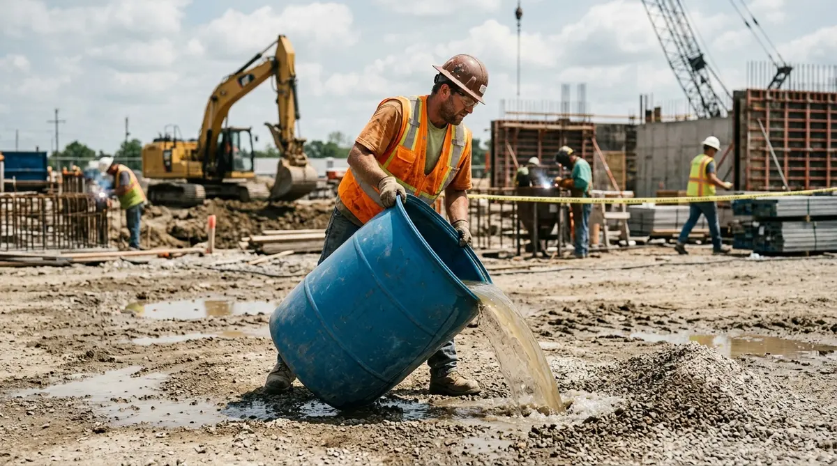 Worker tipping over standing water container to prevent mosquito breeding at a worksite